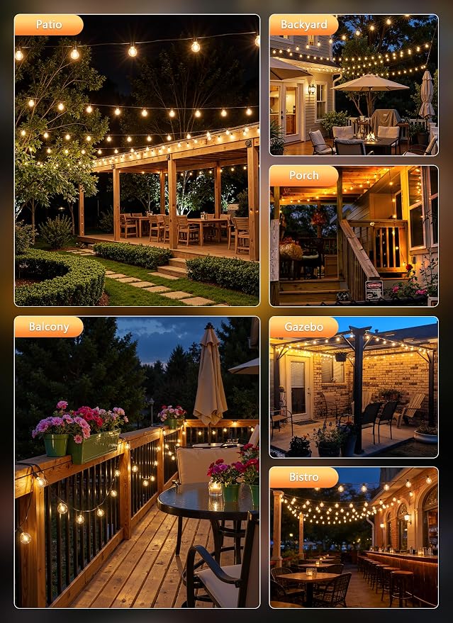 Brightown 37Ft Outdoor String Lights with Remote, 11 G40 Shatterproof LED Bulbs, Waterproof Connectable Hanging Patio Lights for Porch, Backyard, Bistro, Deck, Balcony, Home Decor, 2700K Dimmable