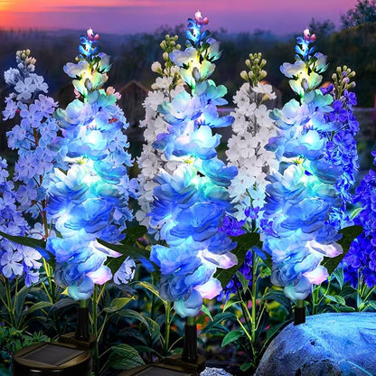 GIGALUMI Solar Lights Outdoor for Garden Decor, 3 Pack Solar Flower Lights Waterproof, 2 Lighting Modes Delphinium for Pathway,Yard, Patio, 4th of July Decoration, Gifts for Women (Blue)