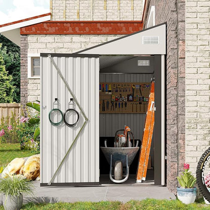 YOPTO 4x8 FT Lean to Shed, Outdoor Metal Storage Sheds with Lockable Door,Garden Tool Shed with Sloping Roof for Backayrd, Patio,Lawn,White