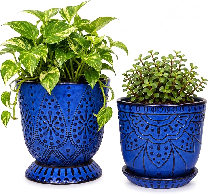 Gepege 6 Inch Beaded Ceramic Planter Set of 2 with Drainage Hole and Saucer for Plants, Indoor-Outdoor Large Round Succulent Orchid Flower Pot (Blue, for Inner-pots not Larger Than 5 Inch)