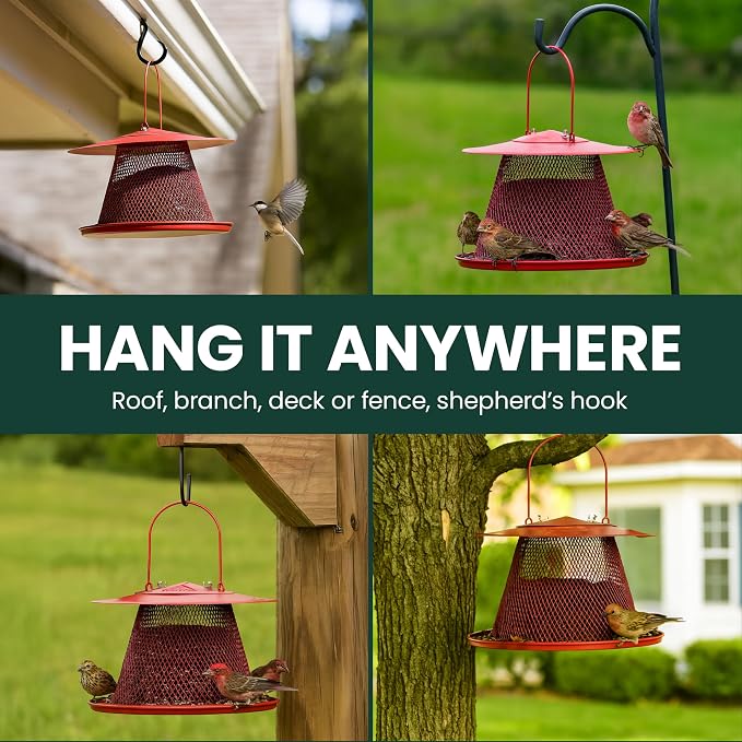Perky-Pet Red Cardinal Wild Bird Feeder, 2.5 lb Seed Capacity | Holds Up to 15 Birds Simultaneously, Metal Hanging Feeder for Outdoors, Mesh Design, Built-In Hook & Circular Tray, C00322