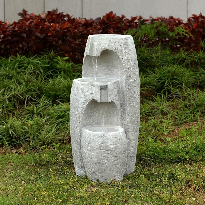 Teamson Home 3-Tier Cascading Urn Outdoor Water Fountain, Gray | Warm Glow Lighting, Adjustable Flow, Electric Pump