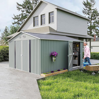 YOPTO 12X10 FT Metal Outdoor Storage Shed W/Flower Pot Stand,White | 3 Lockable Doors,Air Vent,Sloped Roof,Reinforced Structure,Waterproof Outdoor Shed for Garden,Patio,Backyard,Lawn