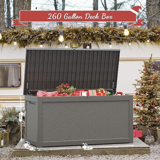 NUNU LAB 260 Gallon Outdoor Storage Box,Resin Large Sturdy Deck Box, Backyard Outside Storage Box Waterproof with Double Wall Panels,Package Delivery Garden Outdoor Hose