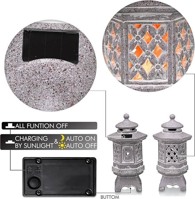 TERESA'S COLLECTIONS Pagoda Garden Statues with Solar Outdoor Light, Resin Zen Garden Lantern Asian Decor Outdoor Statues Lawn Ornaments Patio Porch Yard Decor Gifts for Mom 8.3''
