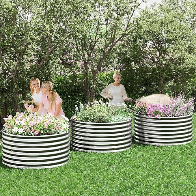 4 Pack 3x3FT Round Corrugated Galvanized Steel Raised Garden Bed Outdoor, Metal Above Ground Garden Bed for Vegetables and Flowers, Raised Beds for Gardening-3x3FTx10Inch