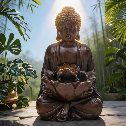 Zen Buddha Water Fountain Outdoor, 19" H Handcrafted Buddha Statue Water Feature with Soothing Waterfalls & Lights, Peaceful Oasis for Garden Patio Yard Deck Living Room Floor Tabletop Decor | Zen Lotus Water Feature with Soothing Cascading Waterfall f...
