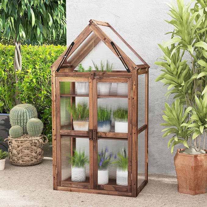 Happygrill Cold Frame, Mini Wooden Green House w/Transparent Openable Roof, Raised Flower Planter Shelf w/3 Adjustable Shelves & Polycarbonate Panels, Small Wood Greenhouse Cabinet for Indoor Outdoors