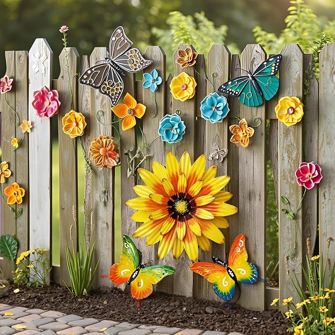 Meduofon Metal Flowers Wall Decor and Butterfly Wall Art, 3 Pack Metal Outdoor Wall Art Decor, Fence Art Wall Sculptures for Indoor Outside Garden Patio Decorations (Yellow&Green)
