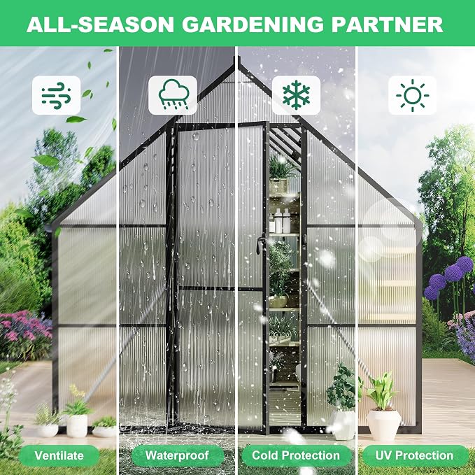 GarveeLife 8 ft x14 ft Aluminum-Framed Polycarbonate Greenhouse, Heavy Duty Polycarbonate Greenhouse with Quick Setup Structure and Roof Vent, Large Enhanced Aluminum Green House Kit for Outdoors