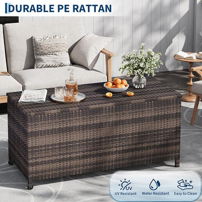 125 Gallon Outdoor Wicker Deck Box, All-Weather Waterproof Patio Storage with PE Rattan Finish & Steel Frame, for Cushions, Garden Tools, Pool Supplies, Lockable Brown Storage Box with Soft-Close Lid