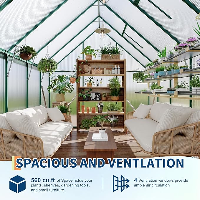 GarveeLife 8X10FT Polycarbonate Greenhouse with Aluminum Frame, Polycarbonate Greenhouse for Outdoors, Greenhouses with Ventilation and Rain Gutter, Aluminum Large Walk-in Greenhouses for Outside