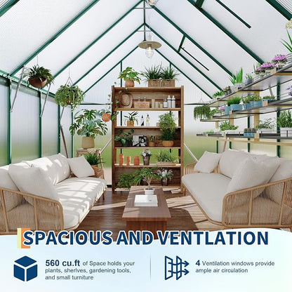 GarveeLife 8X10FT Polycarbonate Greenhouse with Aluminum Frame, Polycarbonate Greenhouse for Outdoors, Greenhouses with Ventilation and Rain Gutter, Aluminum Large Walk-in Greenhouses for Outside