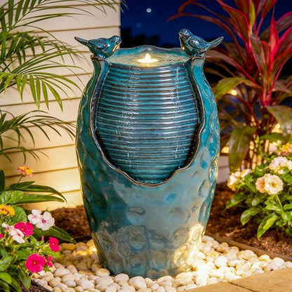 Autodaya 25" H Jar Ceramic Outdoor Water Fountain with LED Lights and Birds | Elegant Turquoise Glaze with Bubble-Like Texture, Decorative Garden Water Feature, cascading water flow for yard sanctuary