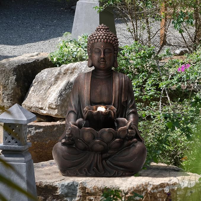 Glitzhome Zen Style Meditating Buddha Statue Fountain Polyresin Outdoor Decoration with Pump and LED Light, 23.25" H