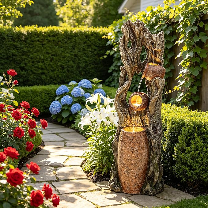 42.7" 3-Tier Outdoor Water Fountain LED Tree Trunk Jar Waterfall | vintage terra-cotta pots, patio backyard garden,Serene Relaxing Porch Decor