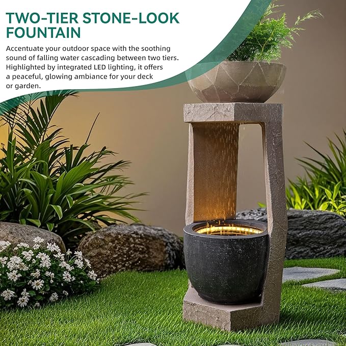 32" Modern Geometric Outdoor Fountain with Birdfeeder | Two Bowls Water Feature with LED Lights, Resin Soothing Cascading Waterfall for Patio, Backyard, Garden or Porch