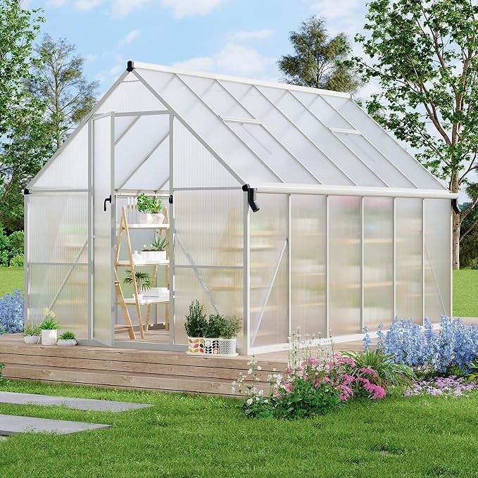 GarveeLife 8X12FT Polycarbonate Greenhouse with Aluminum Frame, Polycarbonate Greenhouse for Outdoors, Greenhouses with Ventilation and Rain Gutter, Aluminum Large Walk-in Greenhouses for Outside