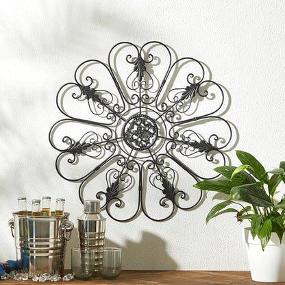Glitzhome Outdoor Metal Wall Art Decor, Large Wrought Iron Scroll Wall Decor with Floral Design, Matte Black Finish, 23.75" D Exterior Garden Patio Porch Wall Decor