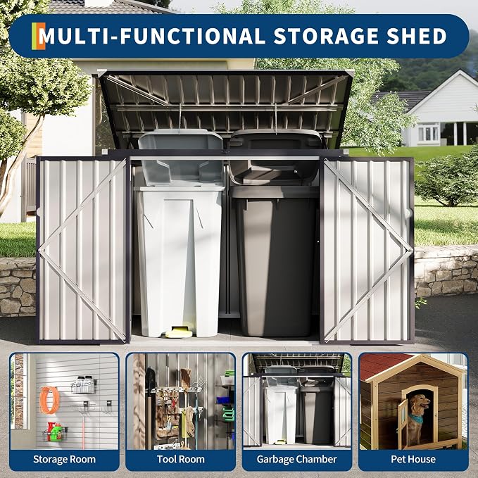 GarveeLife 3x6 ft Garbage Bin Shed Stores, Outdoor Trash Can Storage 2 Binsgarbage Bin Storage Shed, Metal Trash Shed Waterproof Outside Storage