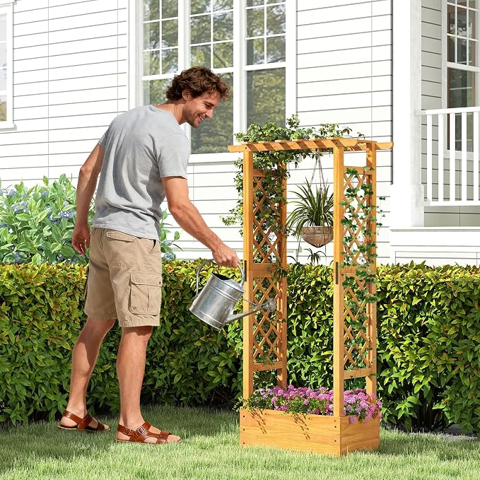 S AFSTAR Wooden Raised Garden Bed with Trellis, 60" Elevated Planter Box with Hanging Roof & Open-Ended Base for Climbing Vine Flower Herb Vegetable, Outdoor Plant Container for Patio & Yard