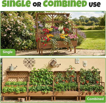 Raised Garden Bed with Trellis & 2 Planter Boxes, Elevated Planter Box with Drainage Slits Liner & Top Shelf, for Climbing Plants, Flowers, Vegetables, Herbs, Backyard Balcony Patio