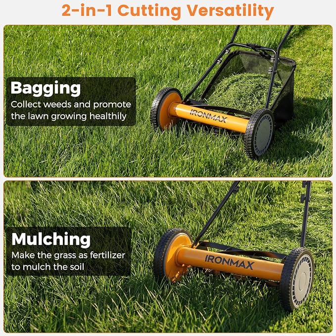 IRONMAX Lawn Mower, 16 Inch Push Reel Lawn Mower with 5 Steel Blades, Adjustable Cutting Heights, Grass Catcher Bag, Walk-Behind Manual Lawnmower for Garden Park Yard, No Motor (Orange, 16 Inch)