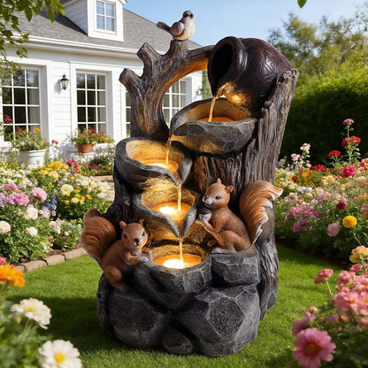 30.1" Outdoor Water Fountain with LED Lights, 4-Tier Waterfall Garden Decor with Squirrel Design, Resin Waterfall Fountain with Pump, Garden Water Feature for Patio Porch Yard, Gray