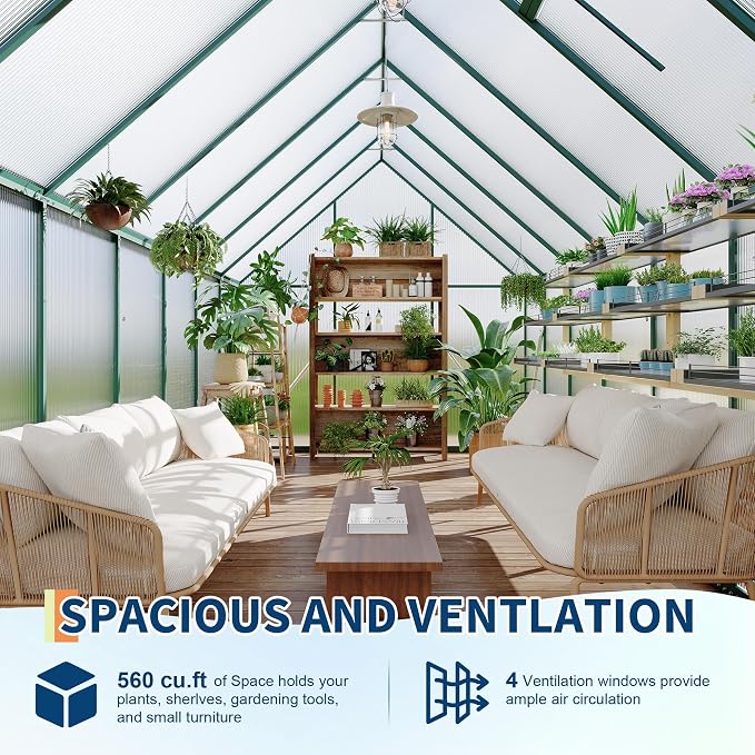 GarveeLife 8X14FT Polycarbonate Greenhouse with Aluminum Frame, Polycarbonate Greenhouse for Outdoors, Greenhouses with Ventilation and Rain Gutter, Aluminum Large Walk-in Greenhouses for Outside