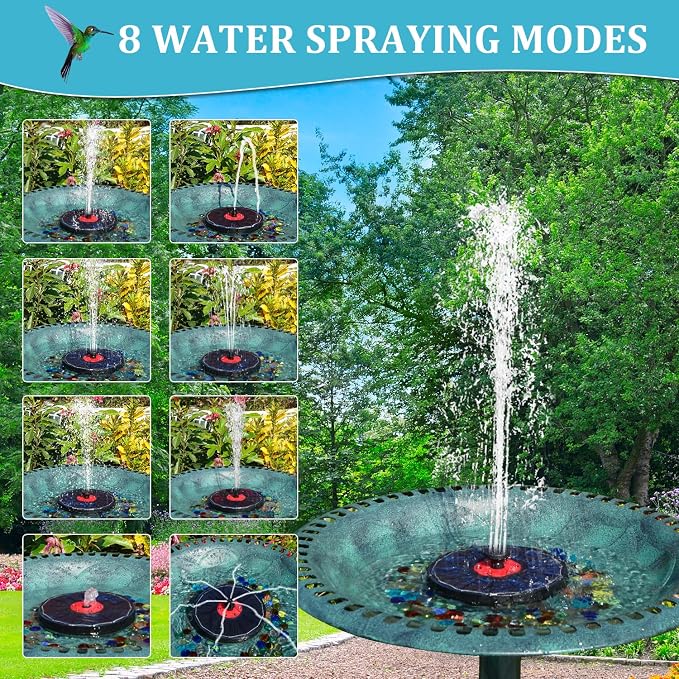 Solar Bird Bath Fountain,Upgrade 3.5W Glass Panel Solar Fountain with 2200mAh Backup Battery, Colorful LED Lights,8 Spray Mode, 4 Fixed Rods for Garden, Pond, Pool,Patio Outdoor Water Feature