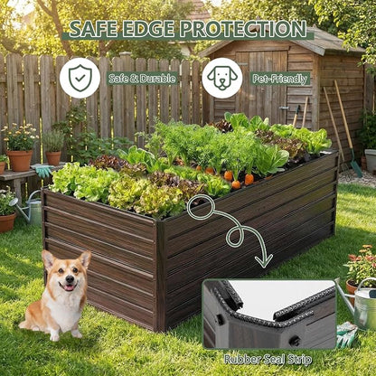 Galvanized Raised Garden Beds 6x3x2FT Outdoor Planter Boxes with Safety Edging and Gloves Metal Garden Bed Kit for Vegetables Flower and Fruits (Brown Wood Grain