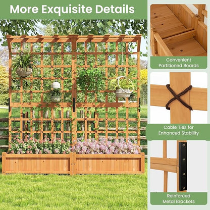 HAPPYGRILL 71" Raised Garden Bed with Trellis, Wood Planter Container w/2 Hanging Roof & Garden Boxes, 4 Drainage Holes, Outdoor Planter Box w/Removable Bottom Plate for Climbing Plants Flowers Vine