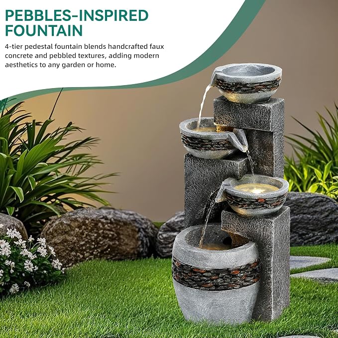 19.5" H 4-Tier Indoor & Outdoor Water Fountain with LED Lights | Resin Pebble Textured Tabletop Cascading Water Feature, Relaxing Decor for Patio, Porch, Deck, Yard & Home