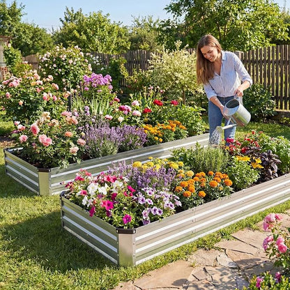 NEWBULIG Galvanized Raised Garden Bed Outdoor, 8x4x1ft 2 Pack Metal Planter Box for Gardening, Rust-Resistant Rectangular Raised Flower Bed for Vegetables Flowers Herbs, Open Bottom, Easy Assembly
