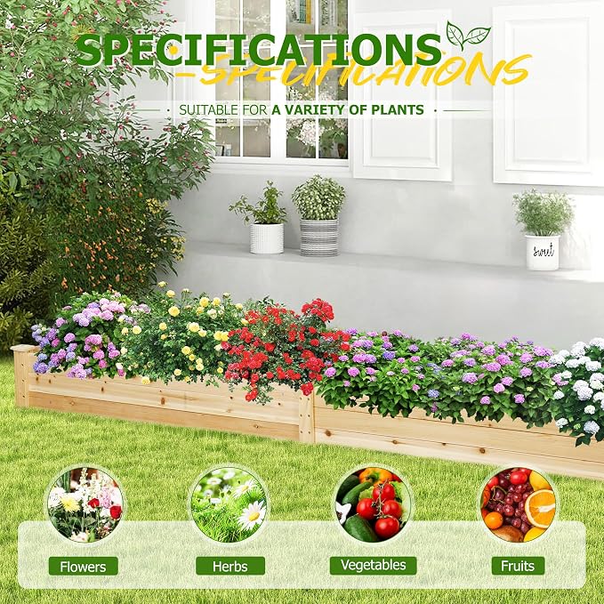 8FT Wooden Raised Garden Bed - Elevated Planter Box for Vegetables, Flowers - Natural Outdoor Planting Kit for Patio, Yard, Backyard
