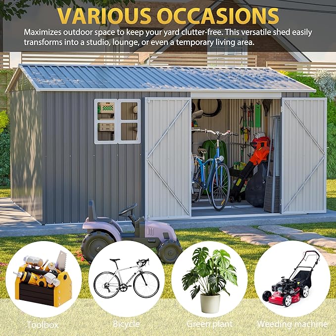 YOPTO 12x10 FT Outdoor Storage Shed, Large Metal Garden Tool Shed with Updated Frame Structure,Lockable Doors and Window,Ideal for Backyard Garden Patio Lawn, Grey