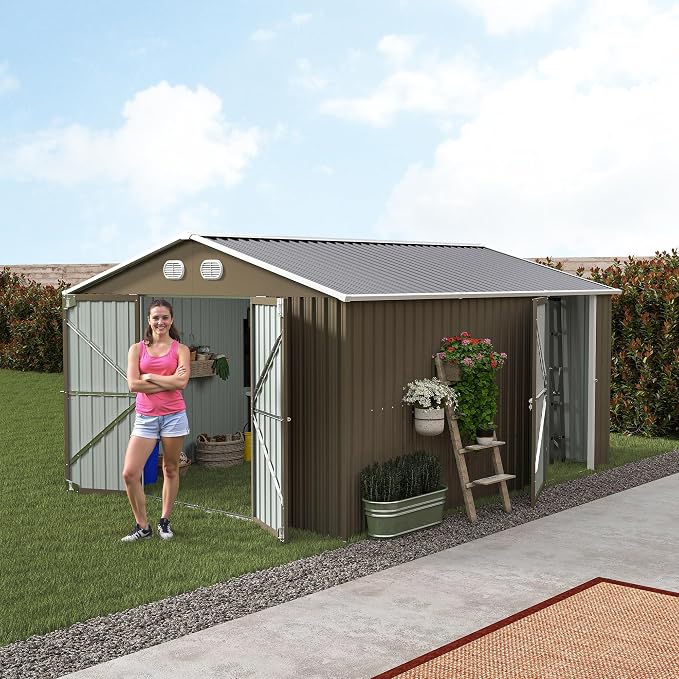 YOPTO 12X10 FT Metal Outdoor Storage Shed W/Flower Pot Stand,Brown | 3 Lockable Doors,Air Vent,Sloped Roof,Reinforced Structure,Waterproof Outdoor Shed for Garden,Patio,Backyard,Lawn