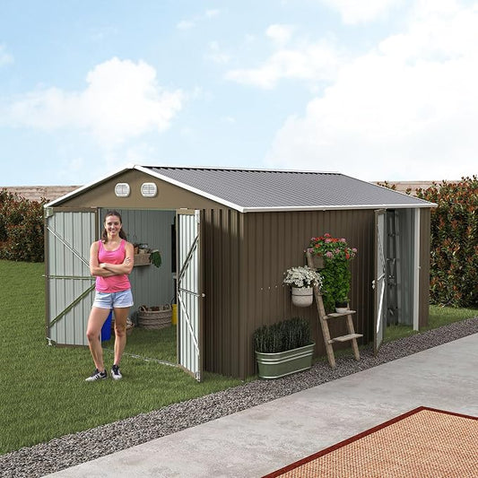 YOPTO 12X10 FT Metal Outdoor Storage Shed W/Flower Pot Stand,Brown | 3 Lockable Doors,Air Vent,Sloped Roof,Reinforced Structure,Waterproof Outdoor Shed for Garden,Patio,Backyard,Lawn