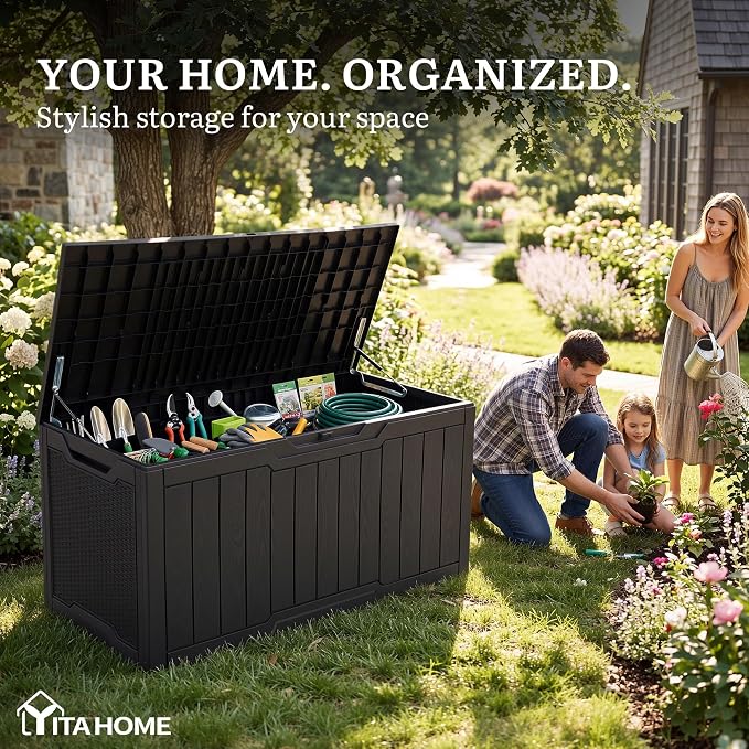 YITAHOME 100 Gallon Large Outdoor Deck Box | Waterproof Resin Storage Box, Lockable Indoor Outdoor Storage Container for Patio Furniture Cushions, Pool Accessories