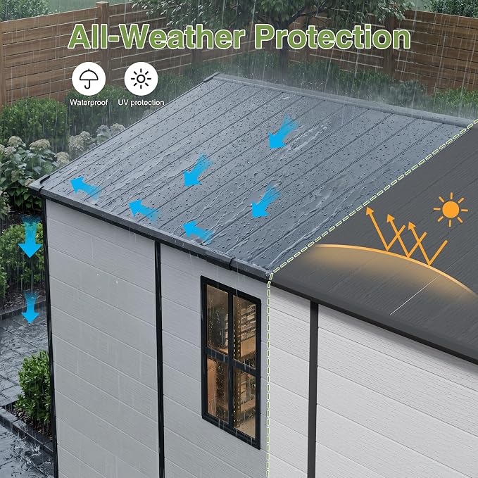 Greesum 8x10FT Resin Outdoor Storage Shed with Floor and Windows, All Weather Plastic Shed with Lockable Door & Vents for Garden, Backyard, Lawn, Light Gray