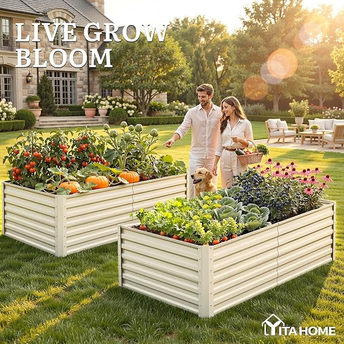 YITAHOME 2pcs 6x3x2ft Galvanized Raised Garden Bed, Metal Planter Box with Safety Rubber, Gloves, Outdoor Flower Bed for Planting Plants Vegetables, Cream Yellow