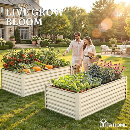 YITAHOME 2pcs 6x3x2ft Galvanized Raised Garden Bed, Metal Planter Box with Safety Rubber, Gloves, Outdoor Flower Bed for Planting Plants Vegetables, Cream Yellow