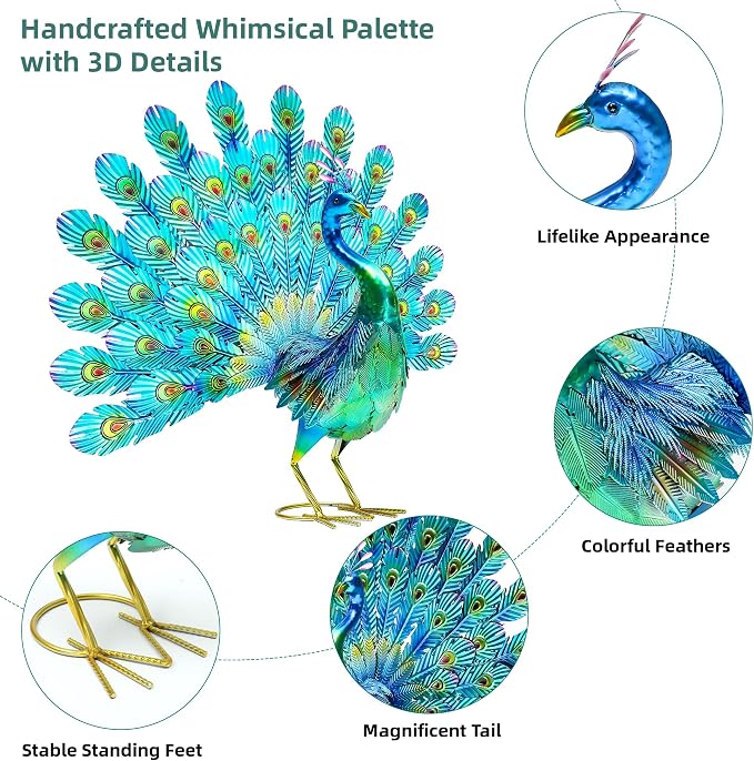 27.5" Metal Peacock Garden Statue with Spread Tail Yard Art | Handmade 3D Textured Peacock Sculpture, Outdoor Metal Yard Art for Patio, Garden, Entryway Decoration.