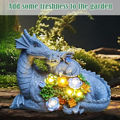 Dragon Solar Garden Statues Outdoor Decoration with Succulent and 6 LED Lights,Dragon Figurine Solar Lights Lawn Décor,Outside Statue Ornament for Patio, Balcony, Yard,Unique Gift for Mom