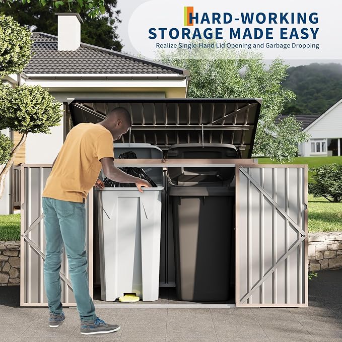 3x6 ft Outdoor Metal Storage Shed for 2 Trash Cans, Weather-Resistant Trash Can Shed with Chain-Lifting Lid for Garden, Backyard & Patio