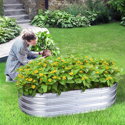 Aoodor Galvanized Raised Garden Bed Kit, 4 x 2 x 1 Ft Oval Outdoor Metal Planter Box for Vegetables, Flowers & Herbs, Silver