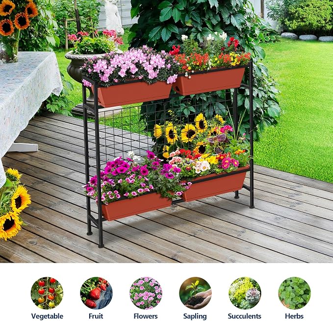 ETELI Raised Garden Beds Outdoor Elevated Planter Boxes with Trellis Patio Herb Garden Planter Outdoor Raised Planter Boxes with Legs for Vegetable Patio Balcony Porch, Brick Red
