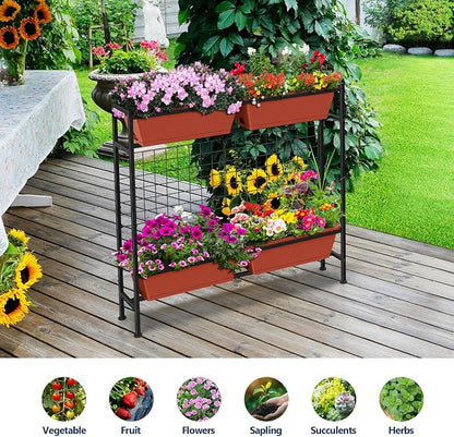 ETELI Raised Garden Beds Outdoor Elevated Planter Boxes with Trellis Patio Herb Garden Planter Outdoor Raised Planter Boxes with Legs for Vegetable Patio Balcony Porch, Brick Red