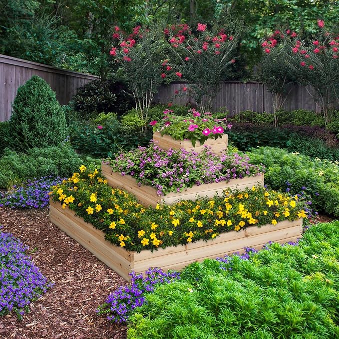 Topeakmart Wooden Planter Box 3 Tier Raised Garden Bed Open Bottom, 2Pcs | Sturdy fir wood tiered planter for patio & garden. Open bottom lets roots grow deep into natural soil.