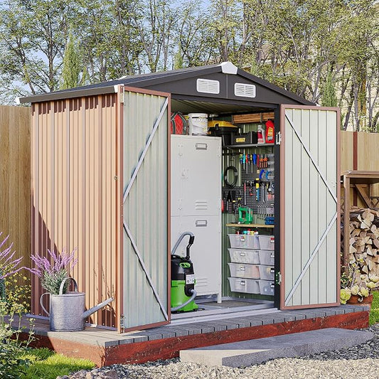 6x4FT Outdoor Storage Shed with Base Brown | Metal Garden Tool Shed with Sloping Roof & Lockable Door for Garden, Patio, Backyard